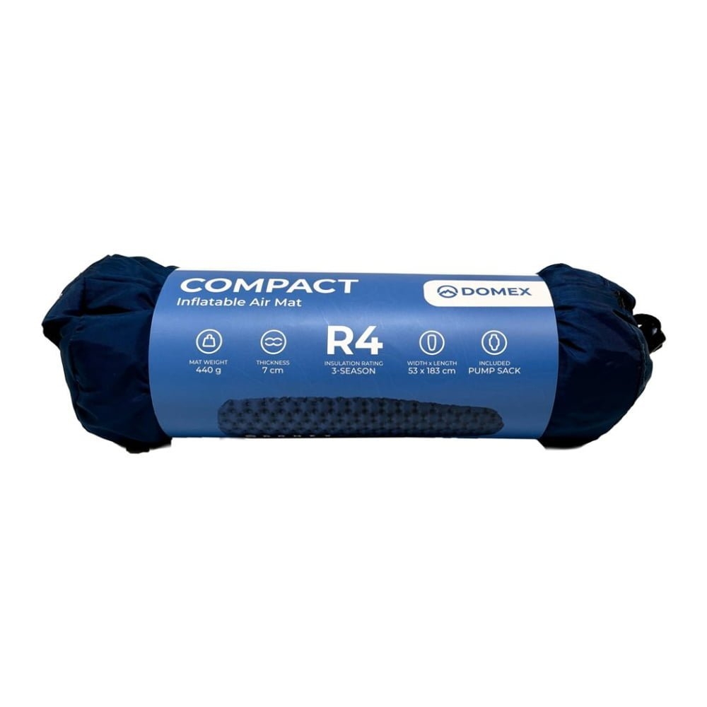 Domex Compact R4 inflatable air sleeping mat designed for 3-season camping, hiking, backpacking and lightweight outdoor sleeping comfort