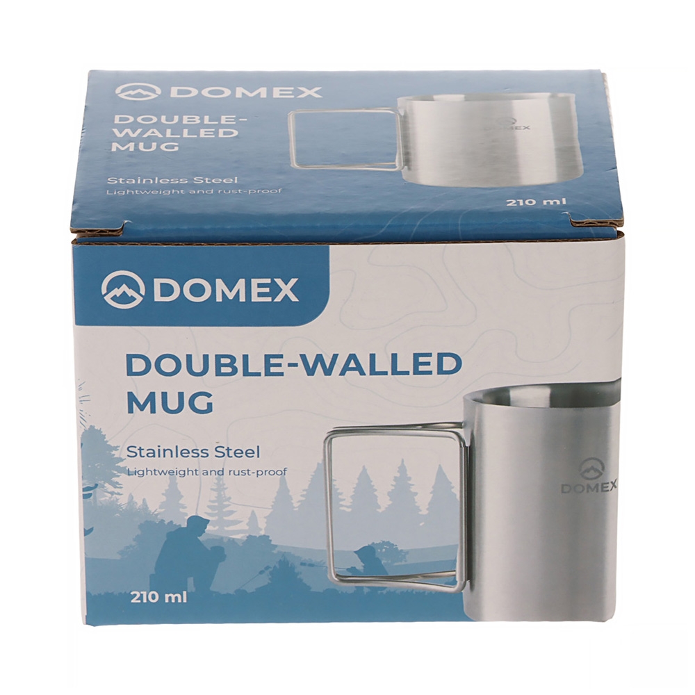 Domex double-walled stainless steel camping mug with folding handles and 210ml capacity for hiking, camping, travel and outdoor use