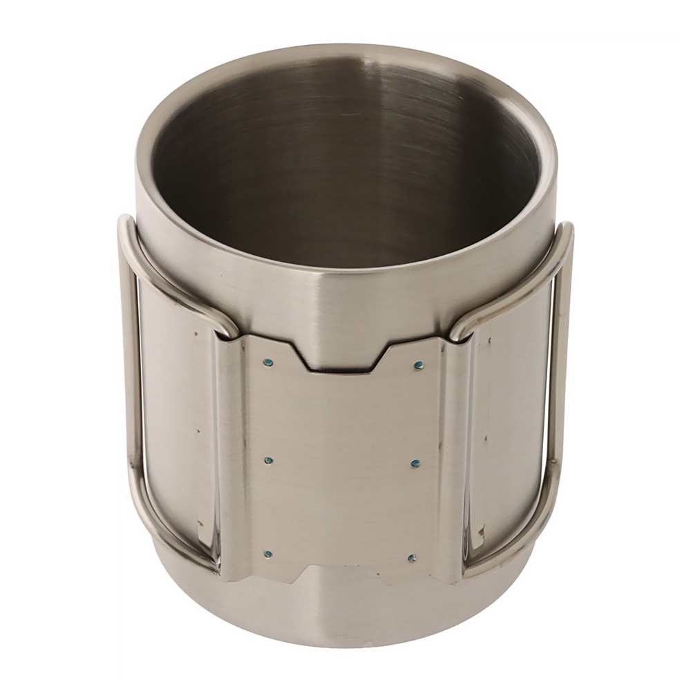Domex double-walled stainless steel camping mug with folding handles and 210ml capacity for hiking, camping, travel and outdoor use