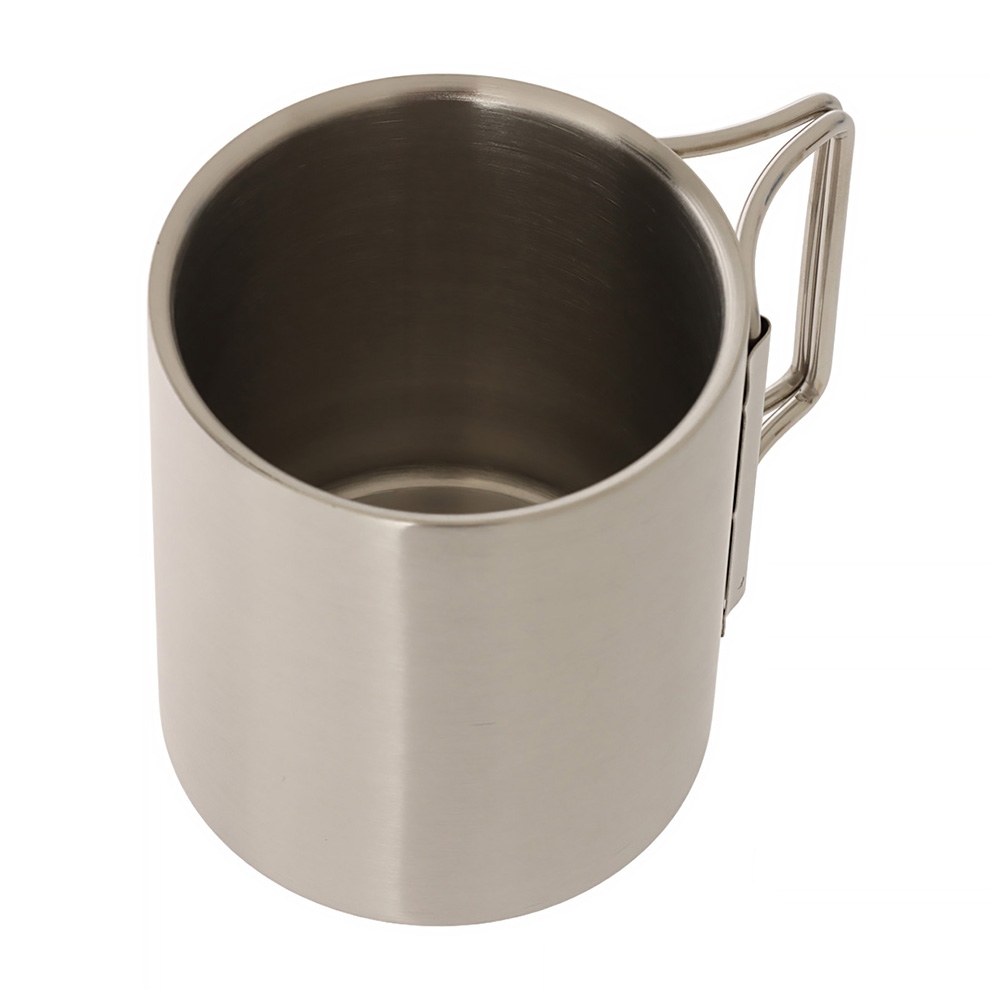 Domex double-walled stainless steel camping mug with folding handles and 210ml capacity for hiking, camping, travel and outdoor use