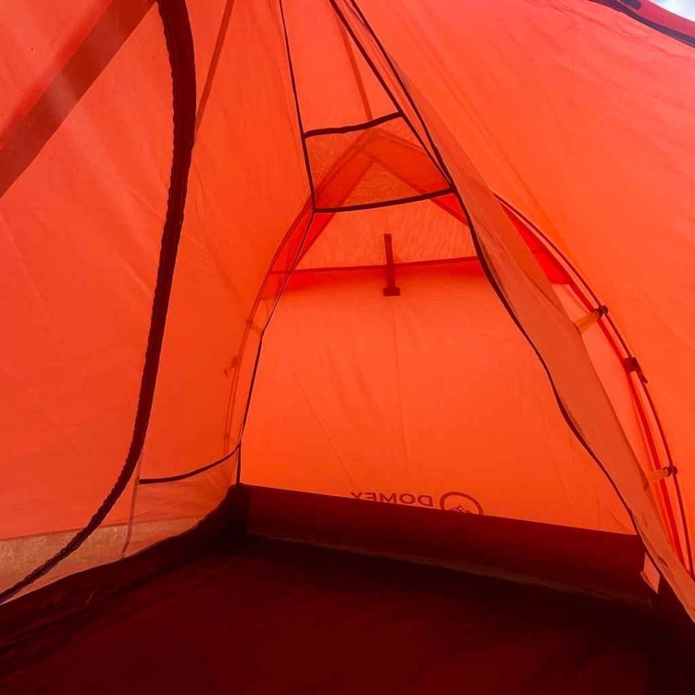 Domex Scout lightweight 2-3 person backpacking dome tent in bright orange designed for hiking, camping, trekking and outdoor adventures