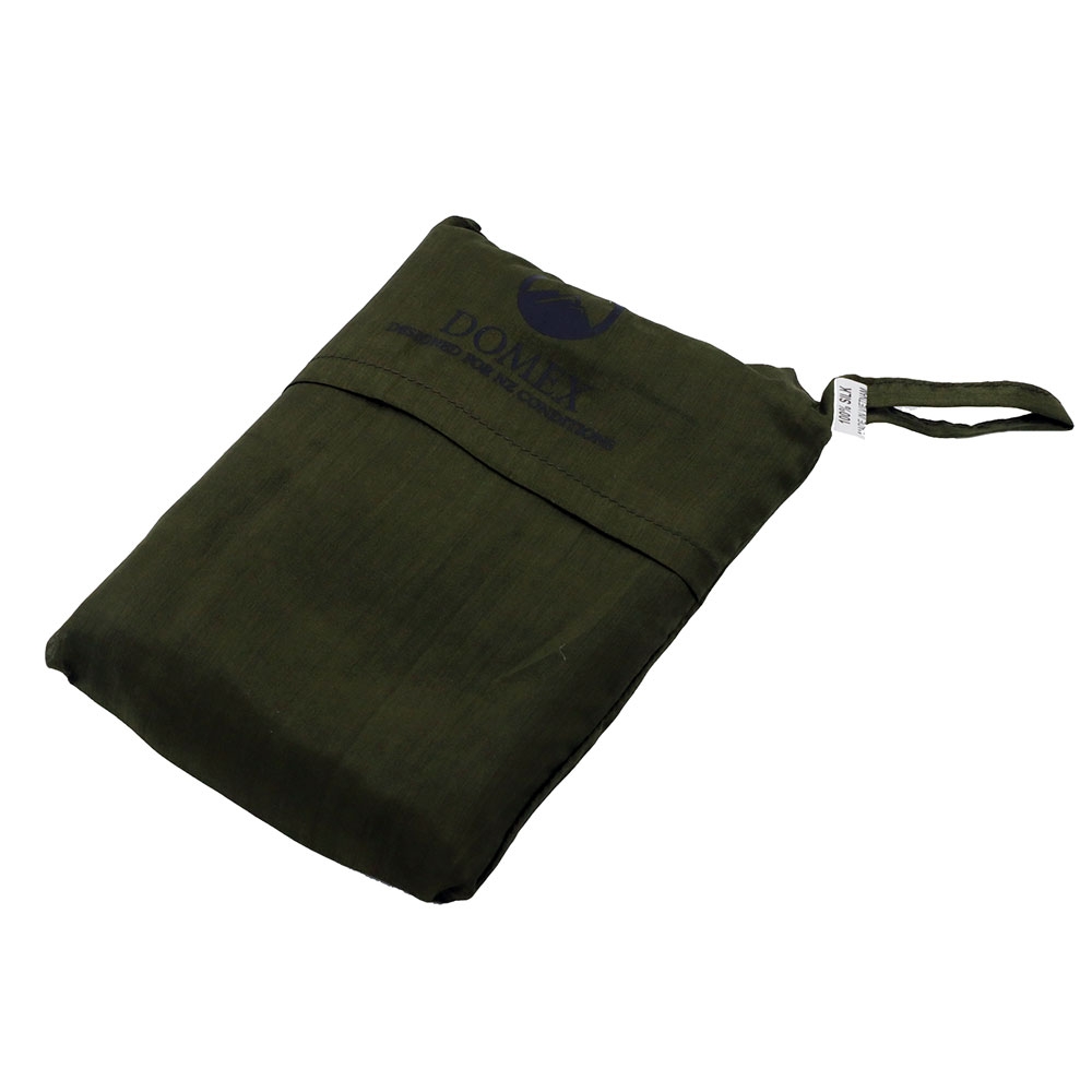 Domex silk sleeping bag liner in dark green designed to add warmth, comfort and hygiene to sleeping bags during camping and travel adventures