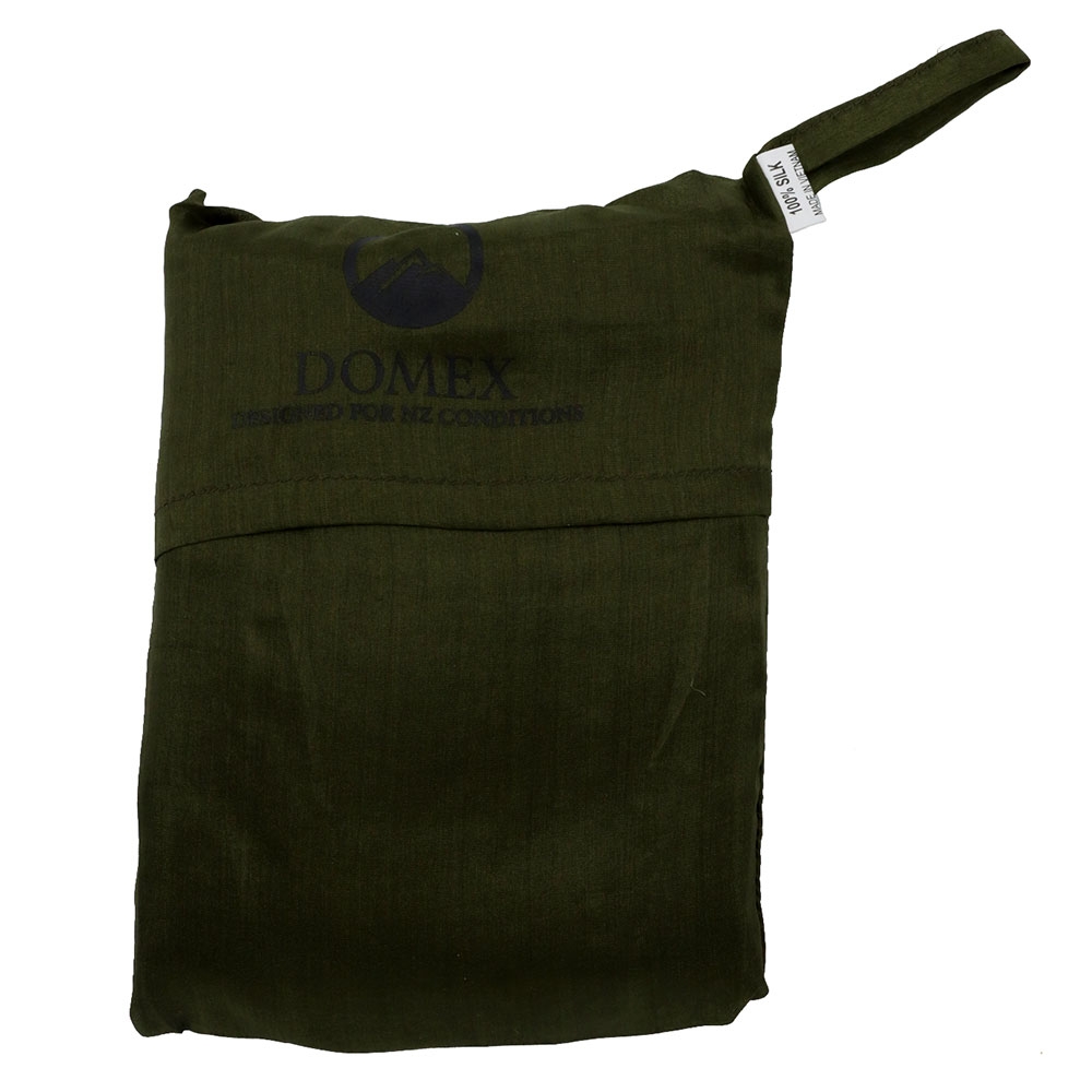 Domex silk sleeping bag liner in dark green designed to add warmth, comfort and hygiene to sleeping bags during camping and travel adventures
