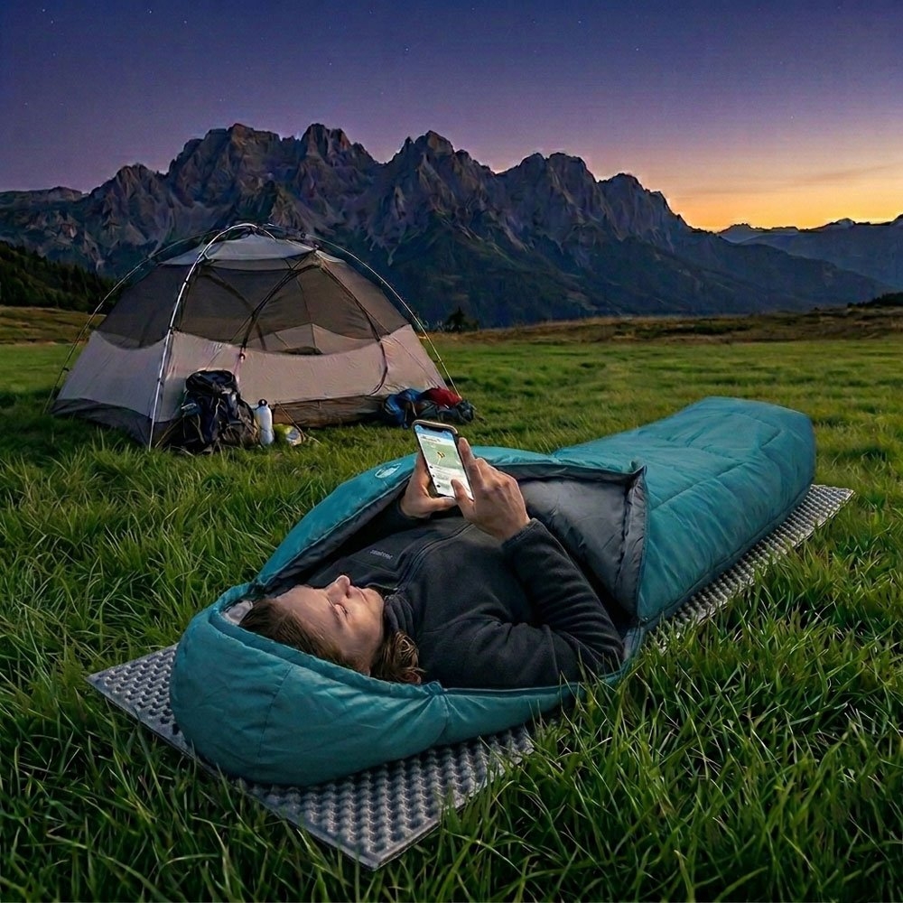 Domex Summer Night 15C sleeping bag in teal designed for warm weather camping, travel, hiking and summer outdoor adventures