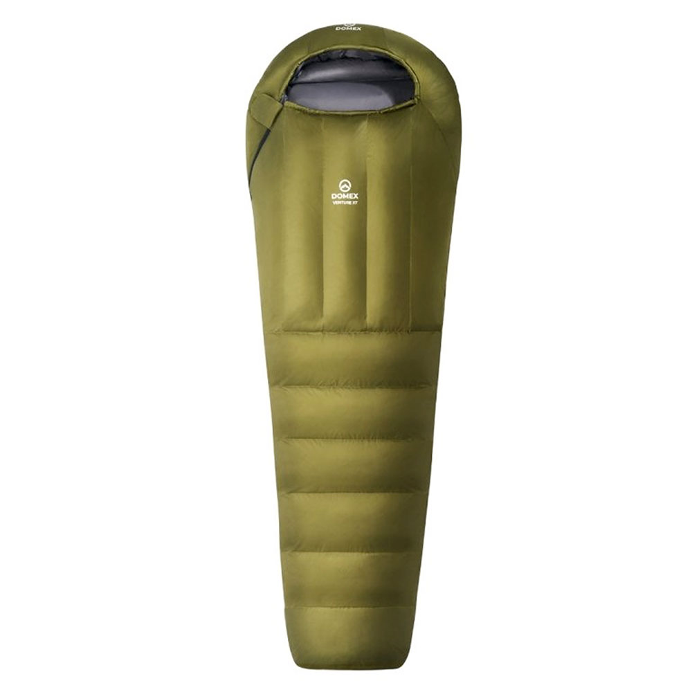 Domex Venture 3-Season -10C sleeping bag in olive green featuring hydrophobic duck down insulation for camping, hiking and backpacking adventures