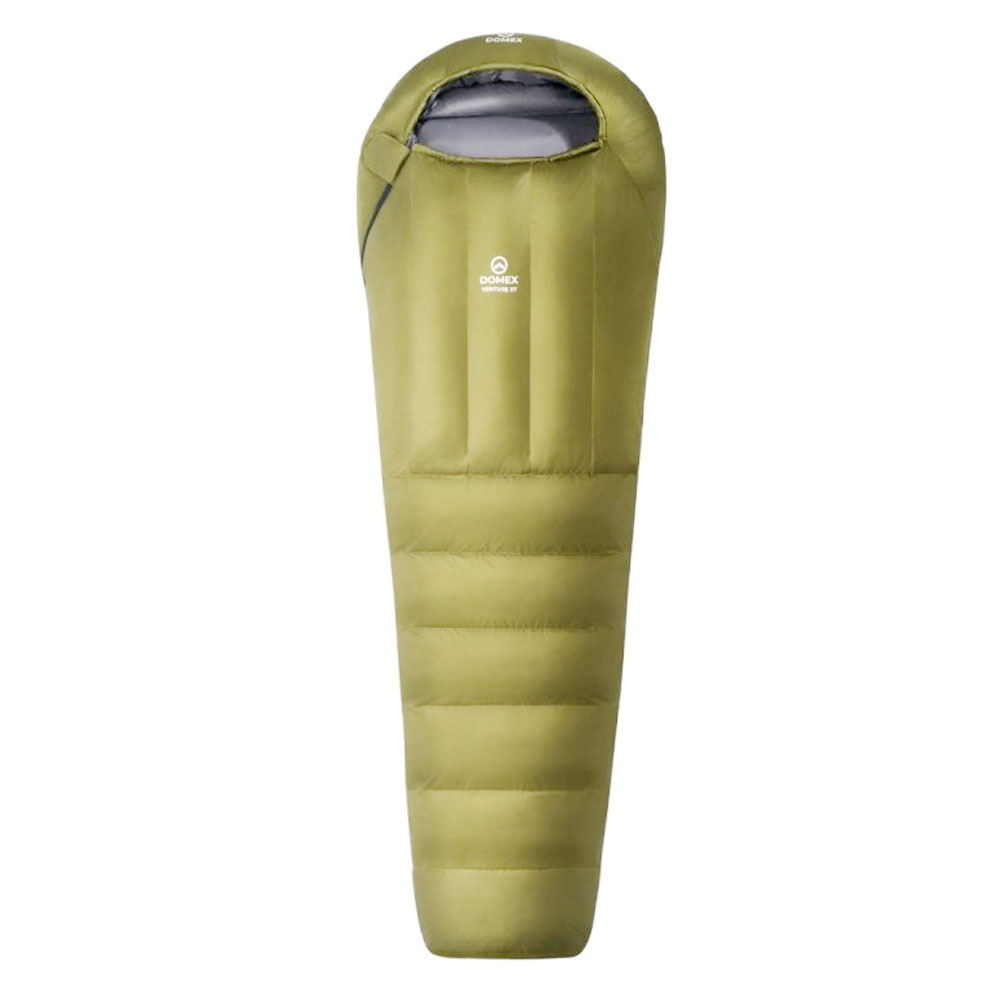 Domex Venture XT 3-Season -10C sleeping bag in olive green with insulated mummy design for hiking, backpacking and cold weather camping adventures
