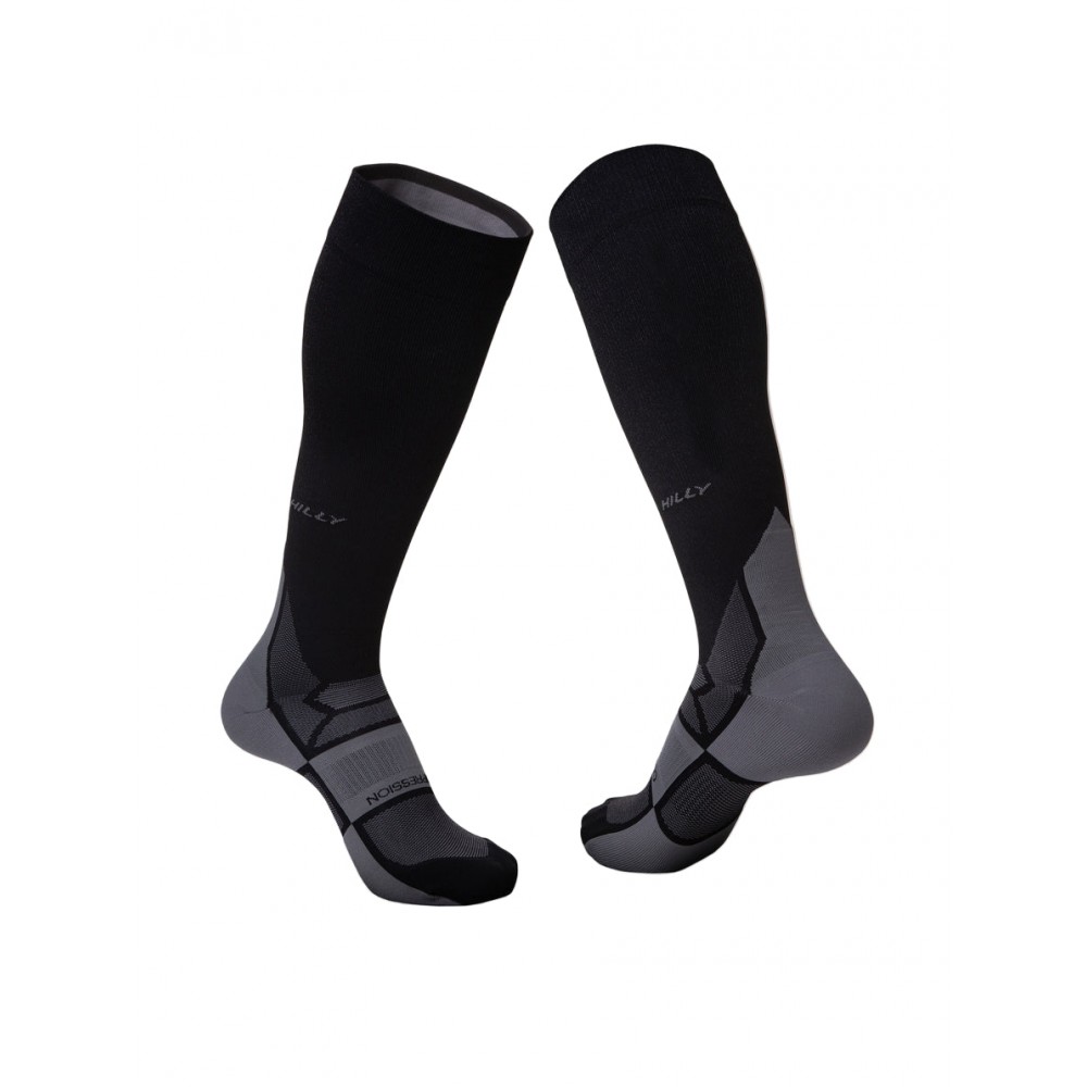Hilly Pulse Compression Running Socks Minimum Cushion Black Grey Hilly Pulse compression running socks with minimum cushioning, graduated compression support and breathable fabric designed for running, recovery and endurance sports performance