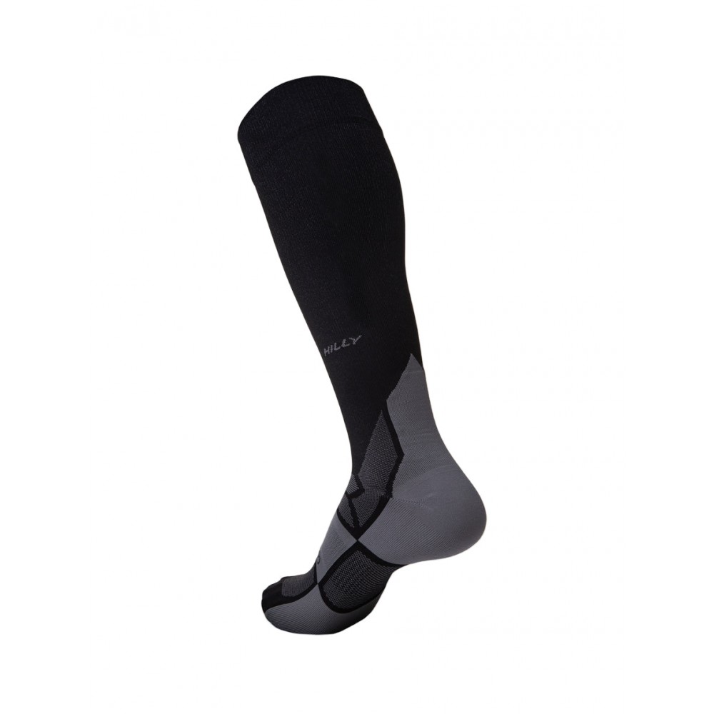 Hilly Pulse Compression Running Socks Minimum Cushion Black Grey Hilly Pulse compression running socks with minimum cushioning, graduated compression support and breathable fabric designed for running, recovery and endurance sports performance