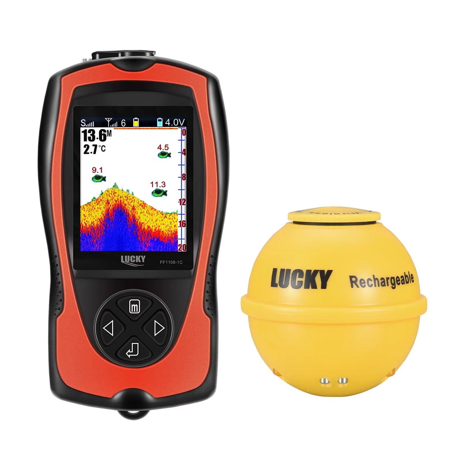 LuckyLaker FF1108-1CWLA rechargeable wireless fish finder with colour LCD display and floating wireless sonar transducer for kayak boat and shore fishing