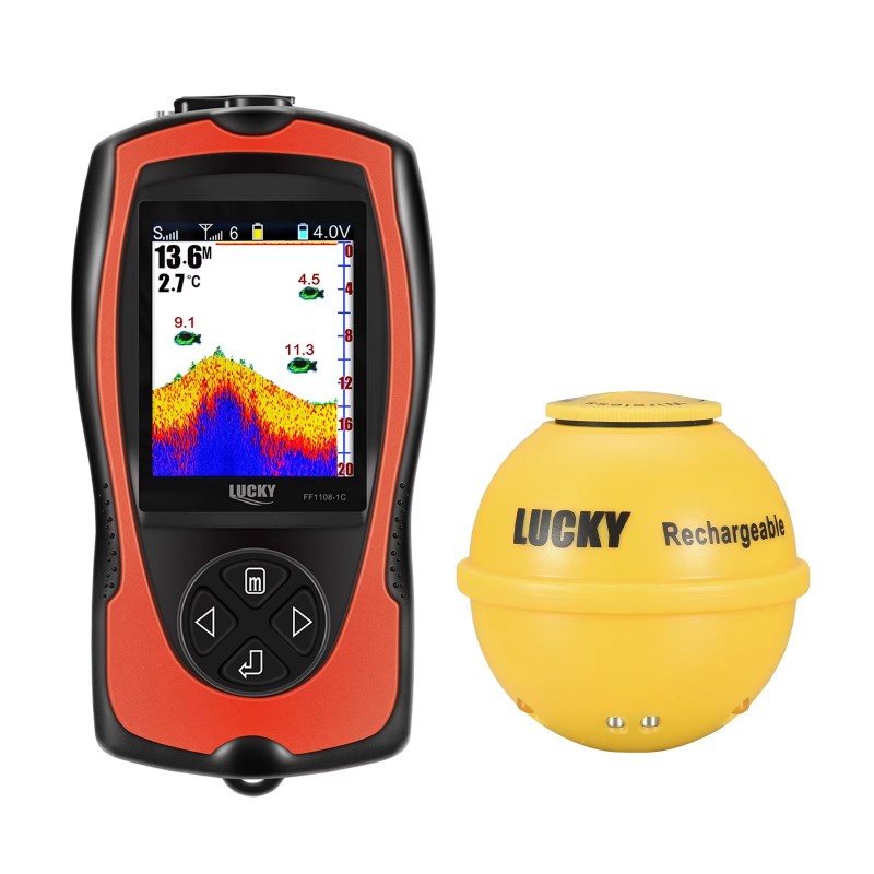 LuckyLaker FF1108-1CWLA rechargeable wireless fish finder with colour LCD display and floating wireless sonar transducer for kayak boat and shore fishing