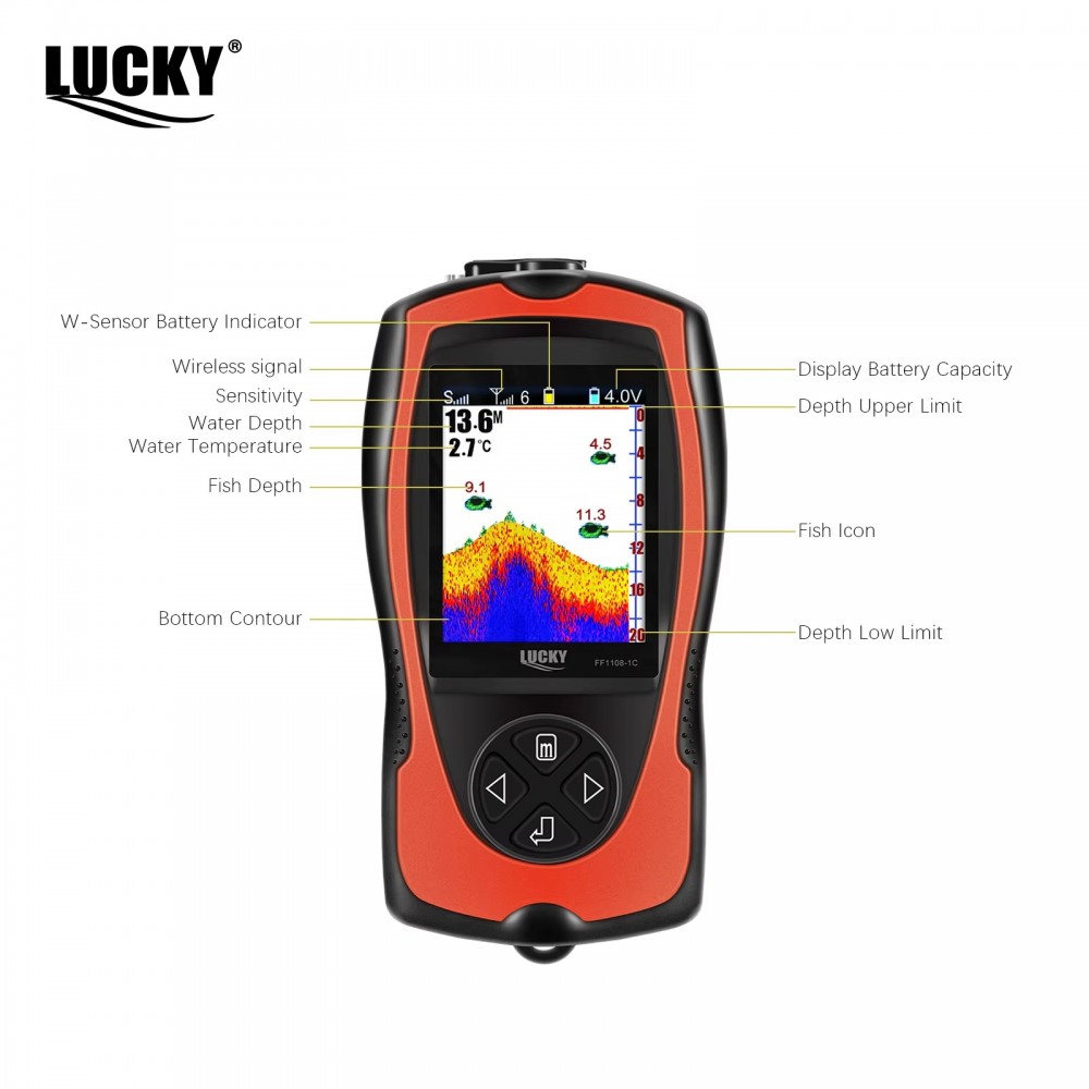 LuckyLaker FF1108-1CWLA rechargeable wireless fish finder with colour LCD display and floating wireless sonar transducer for kayak boat and shore fishing