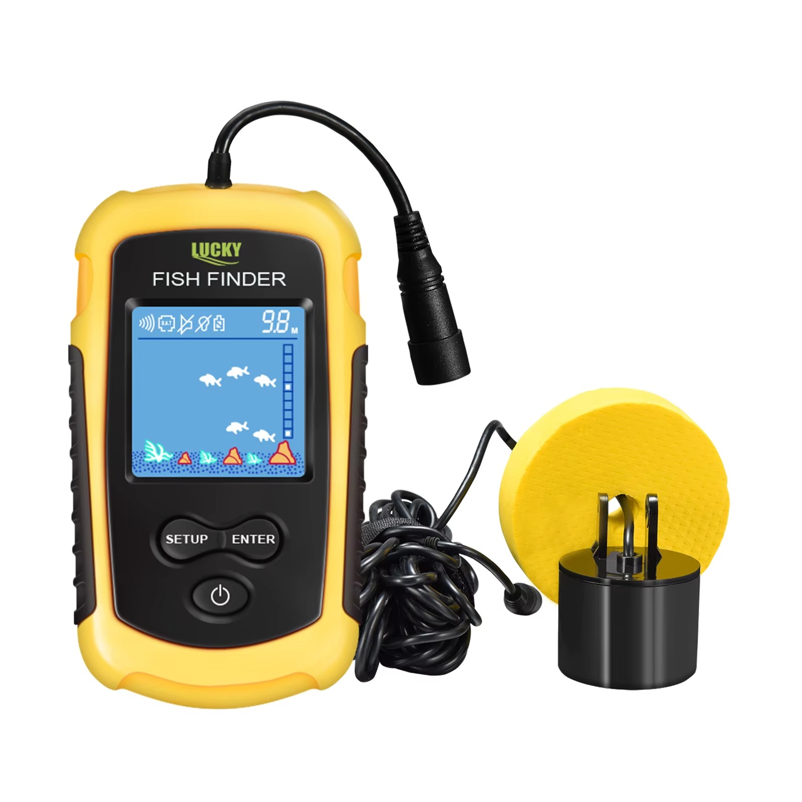 LuckyLaker portable fish finder FFC1108-1 with LCD display wired sonar transducer cable yellow float bracket and neck strap for kayak boat and shore fishing