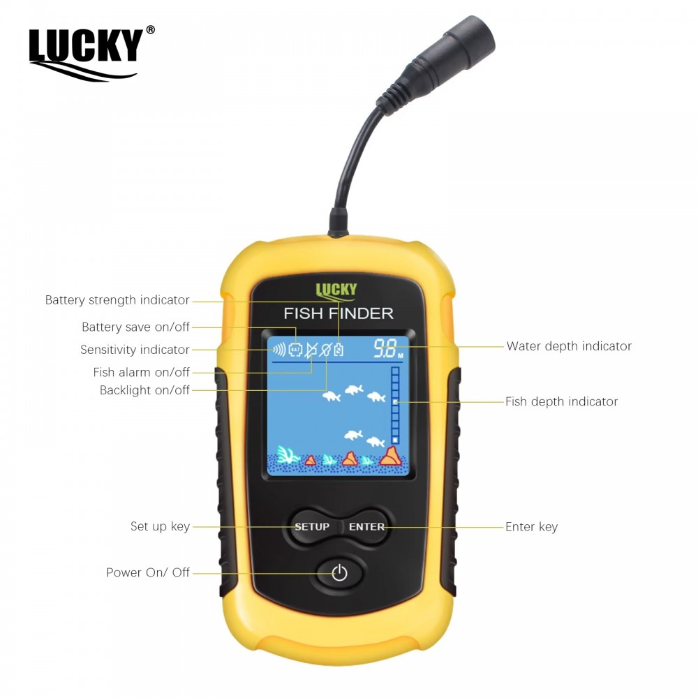 LuckyLaker portable fish finder FFC1108-1 with LCD display wired sonar transducer cable yellow float bracket and neck strap for kayak boat and shore fishing