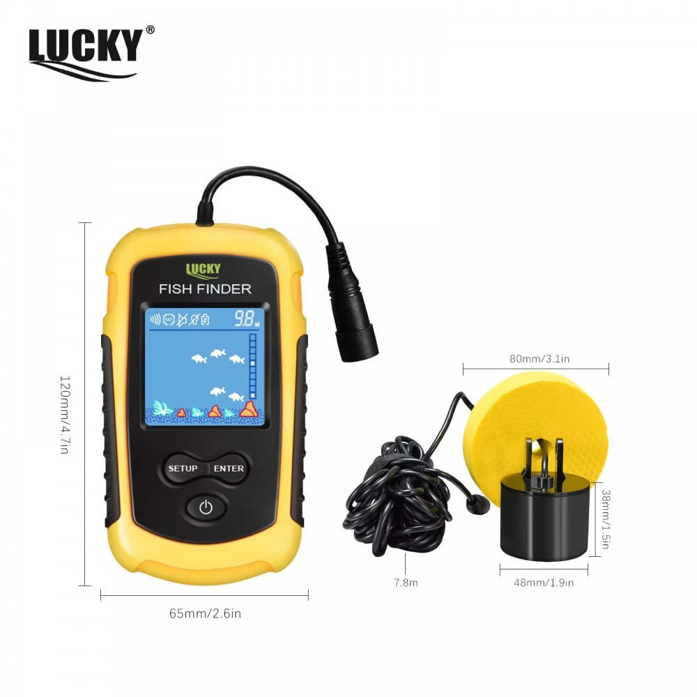 LuckyLaker portable fish finder FFC1108-1 with LCD display wired sonar transducer cable yellow float bracket and neck strap for kayak boat and shore fishing