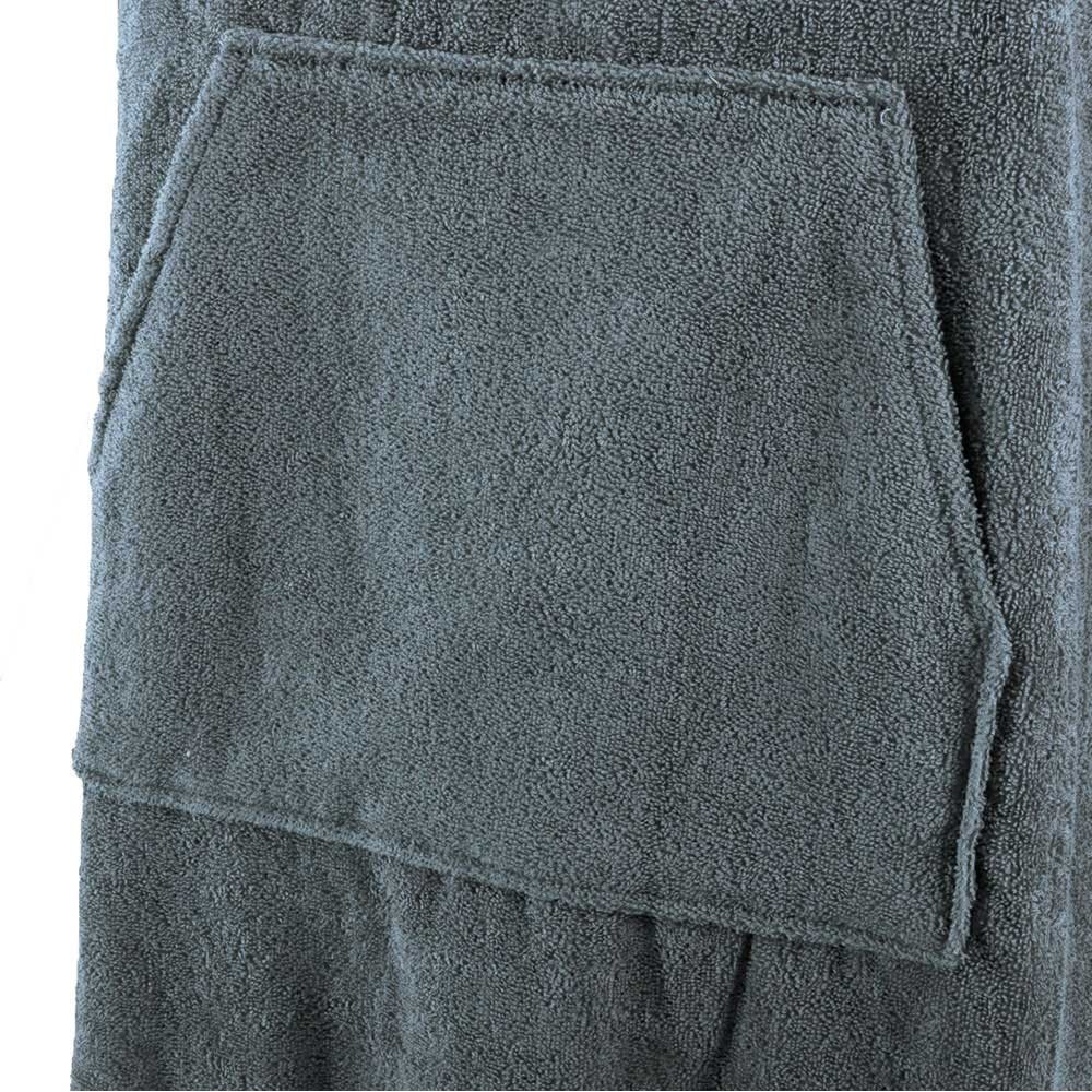 Slate blue cotton poncho towel with hood front pocket and soft absorbent fabric designed for beach swimming surfing and outdoor changing use