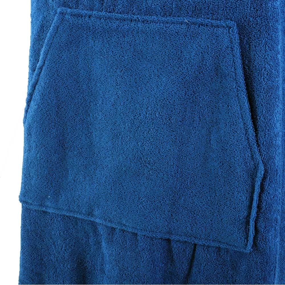 Electric blue cotton poncho towel with hood front pocket and soft absorbent fabric designed for beach swimming surfing and outdoor changing use