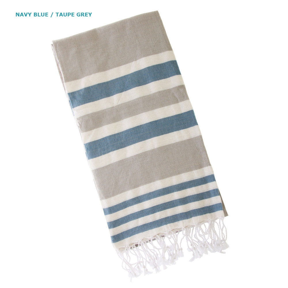 Black Shag Turkish Hand-Loomed Flat-Weave Cotton Beach Towels Set of 3 Set of three Turkish hand-loomed flat-weave cotton beach towels in blue grey and orange striped designs with tassel fringe lightweight quick dry fabric for beach and travel use