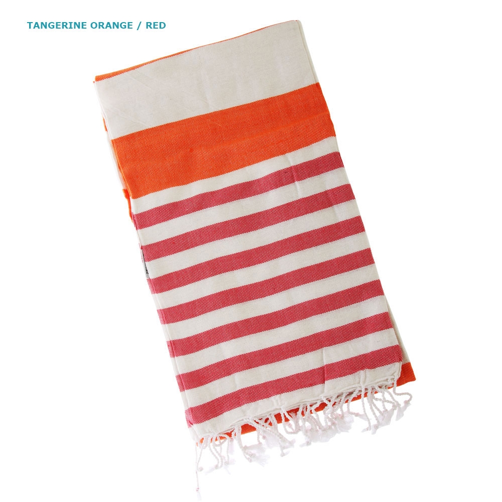 Tangerine Orange and Red Flat-Weave Turkish Beach Towel Tangerine orange red and cream striped Turkish cotton beach towel with tassel fringe lightweight breathable fabric for beach holidays spa and poolside use
