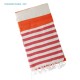 Tangerine Orange and Red Flat-Weave Turkish Beach Towel Tangerine orange red and cream striped Turkish cotton beach towel with tassel fringe lightweight breathable fabric for beach holidays spa and poolside use