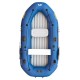 Blue 3 person inflatable boat with reinforced air chambers rowing mounts and inflatable seating designed for recreational boating fishing and water activities