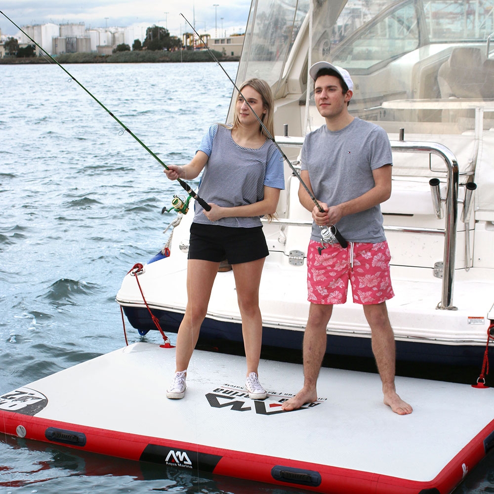Aqua Marina Island inflatable air platform package including portable floating dock platform hand pump and carry bag for boating swimming and water recreation