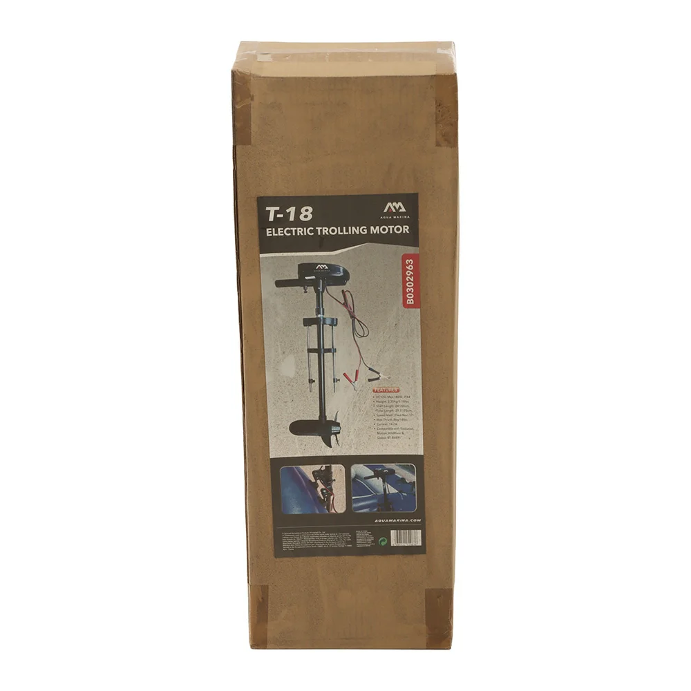 Retail packaging box for Aqua Marina T-18 electric trolling motor featuring marine propulsion system for inflatable boats and dinghies