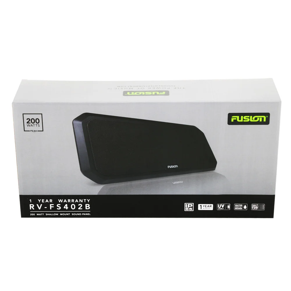 Fusion RV-FS402B 200W Speaker System Retail Box Packaging Retail packaging box for Fusion RV-FS402B shallow mount speaker system featuring compact 200 watt audio solution for RV and marine entertainment systems