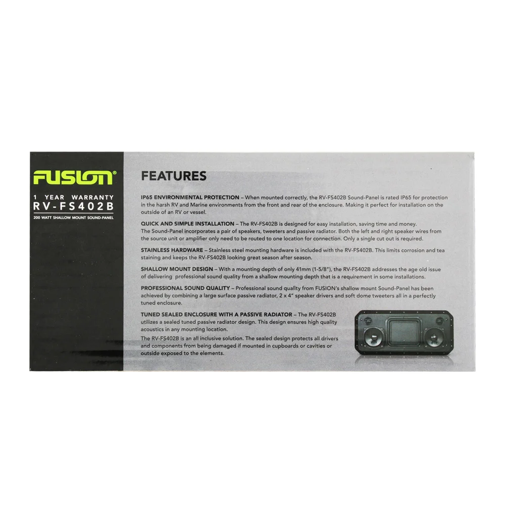 Fusion RV-FS402B Speaker System Features and Specifications Feature and specification information sheet for Fusion RV-FS402B all in one shallow mount speaker system designed for compact RV and marine audio setups