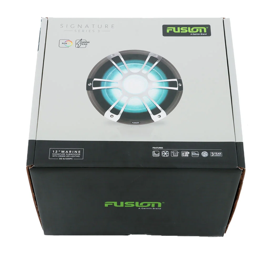 Retail packaging for Fusion Signature 3 sports chrome marine subwoofer featuring 1400 watt waterproof marine audio performance with integrated LED lighting