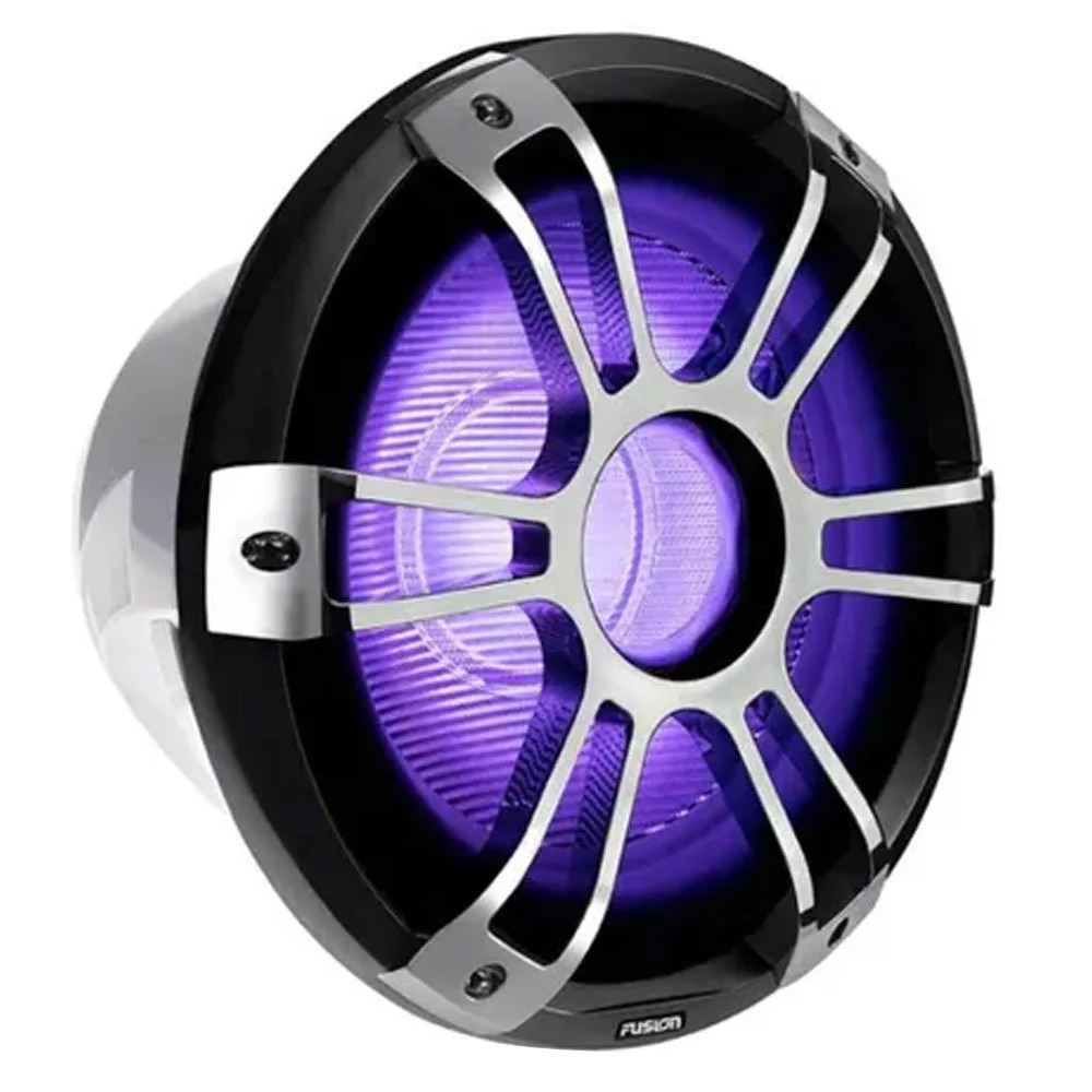 Fusion Signature 3 12 inch marine subwoofer with chrome sports grille and CRGBW LED lighting designed for premium boat yacht and marine audio systems