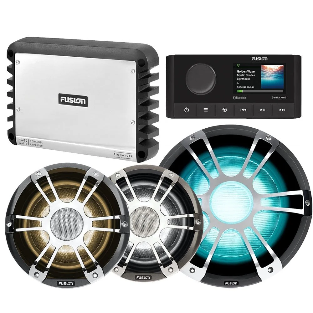 Fusion Signature 3 12 inch marine subwoofer with chrome sports grille and CRGBW LED lighting designed for premium boat yacht and marine audio systems
