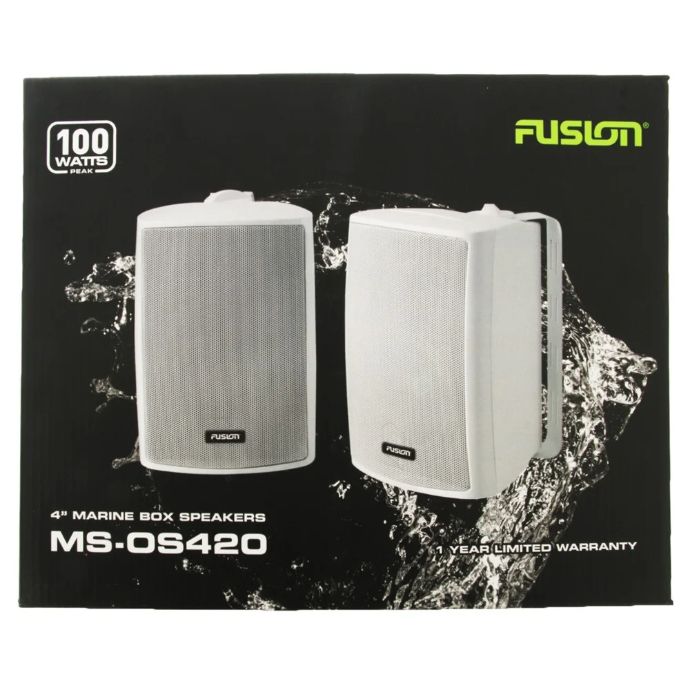 Fusion Marine Box Speakers 4in 100W Retail Packaging Retail packaging box for Fusion 2-way marine box speakers featuring waterproof 100 watt audio performance for boats marine and outdoor installations