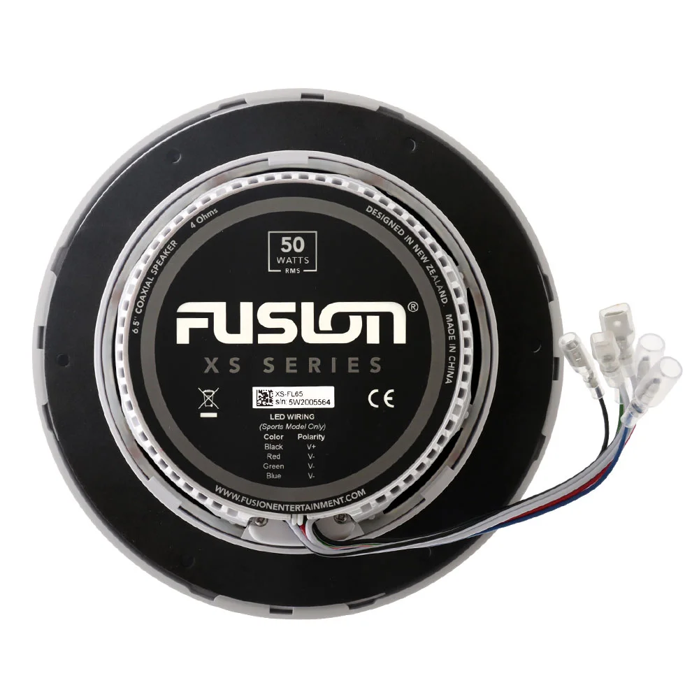 Fusion XS Series Marine Speaker Rear Wiring and Mount View Rear view of Fusion XS Series 6.5 inch marine speaker showing wiring connections mounting frame and waterproof construction for marine audio installation