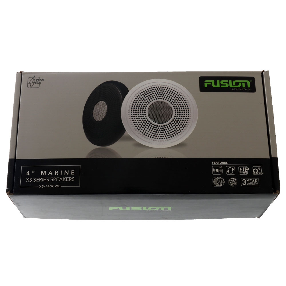 Retail packaging for Fusion XS-F40CWB XS Series classic marine speakers featuring waterproof 4 inch boat audio speakers in white finish