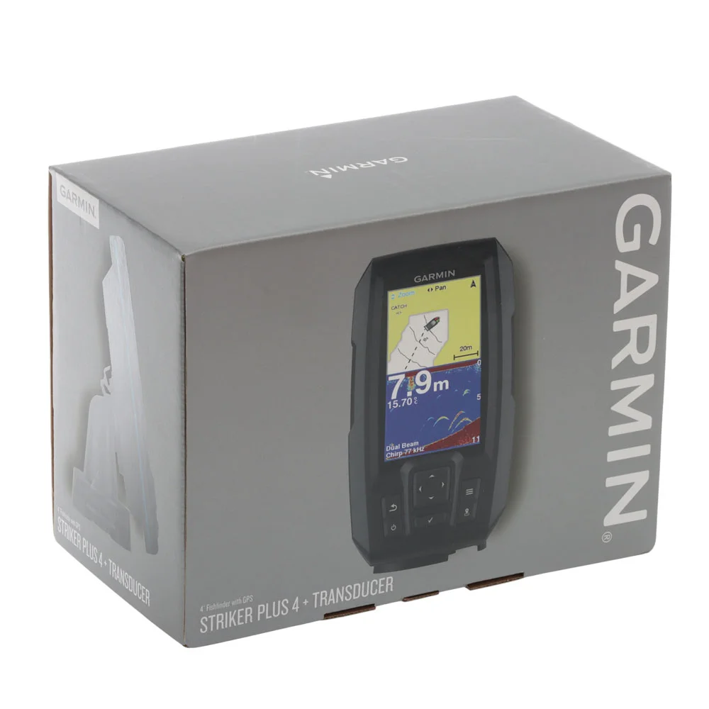 Retail packaging for Garmin STRIKER Plus 4 fishfinder and GPS track plotter designed for marine fishing navigation and sonar tracking