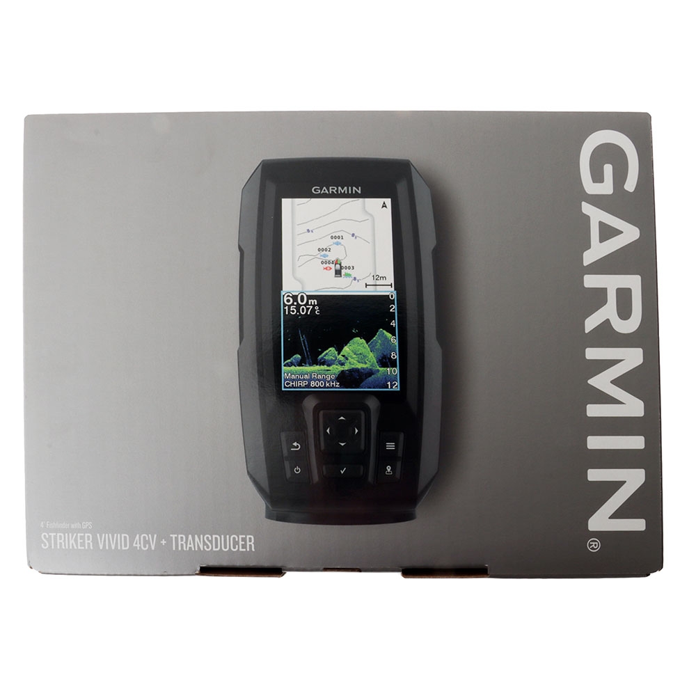 Retail packaging for Garmin STRIKER Vivid 4cv CHIRP ClearVu fishfinder with GT20 TM transducer for marine fishing and navigation