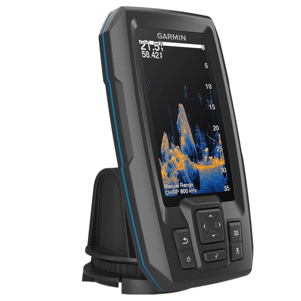 Garmin STRIKER Vivid 4cv fishfinder with CHIRP ClearVu sonar and GT20 TM transducer featuring vivid color display for boat and kayak fishing