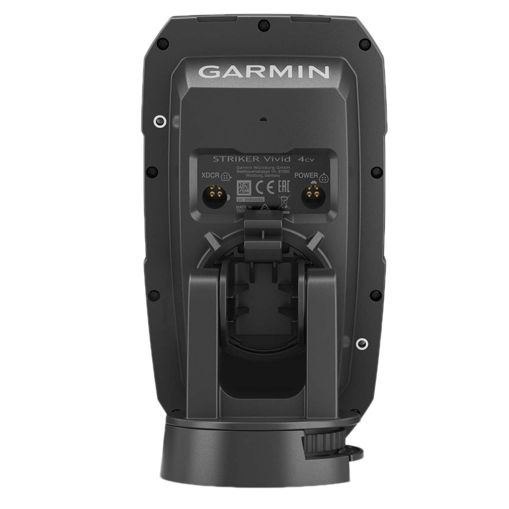 Rear connection and mounting view of Garmin STRIKER Vivid 4cv fishfinder showing compact marine electronics design for fishing boats and kayaks