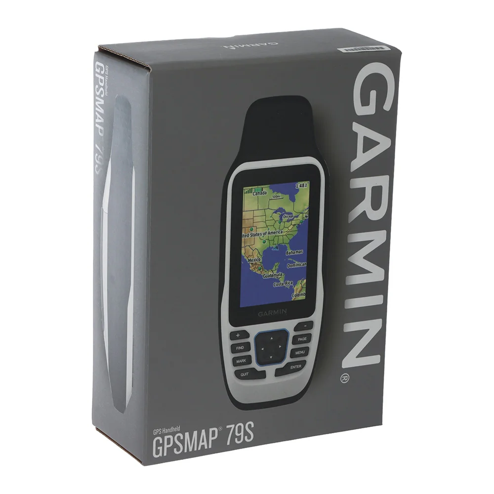 Garmin GPSMAP 79S Marine Handheld GPS Retail Box Retail packaging for Garmin GPSMAP 79S floating handheld GPS with worldwide basemap designed for marine navigation boating and outdoor exploration