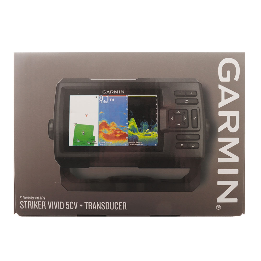 Retail packaging for Garmin STRIKER Vivid 5cv CHIRP ClearVu fishfinder with GT20 TM transducer designed for boating fishing and marine navigation