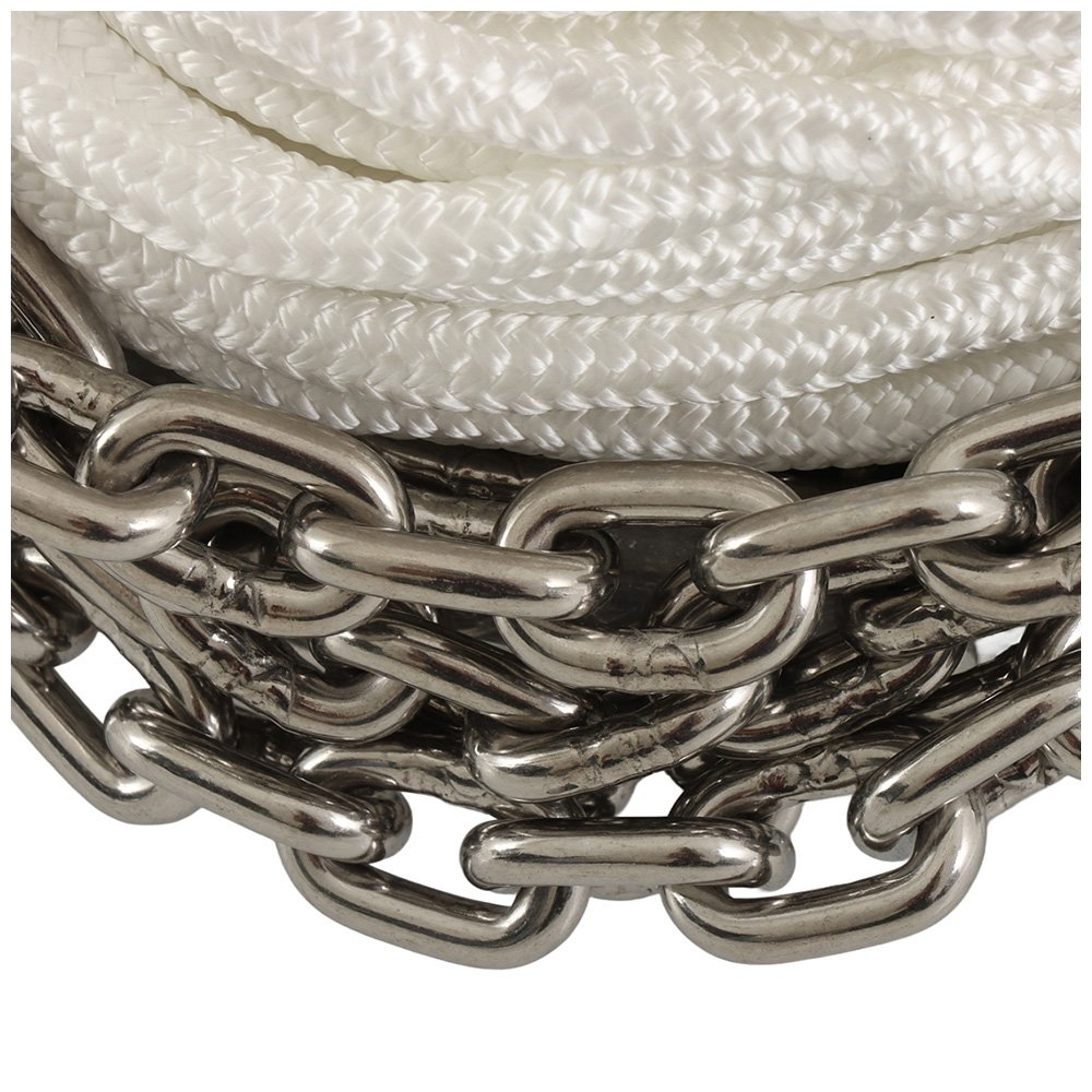 Close-up of Abel stainless steel marine anchor chain paired with double braid nylon rope for corrosion-resistant anchoring performance