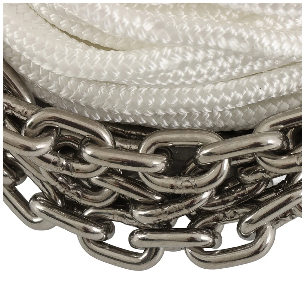 Close-up of stainless steel marine anchor chain attached to white double braid nylon anchor rope in Abel anchoring kit for boats and yachts