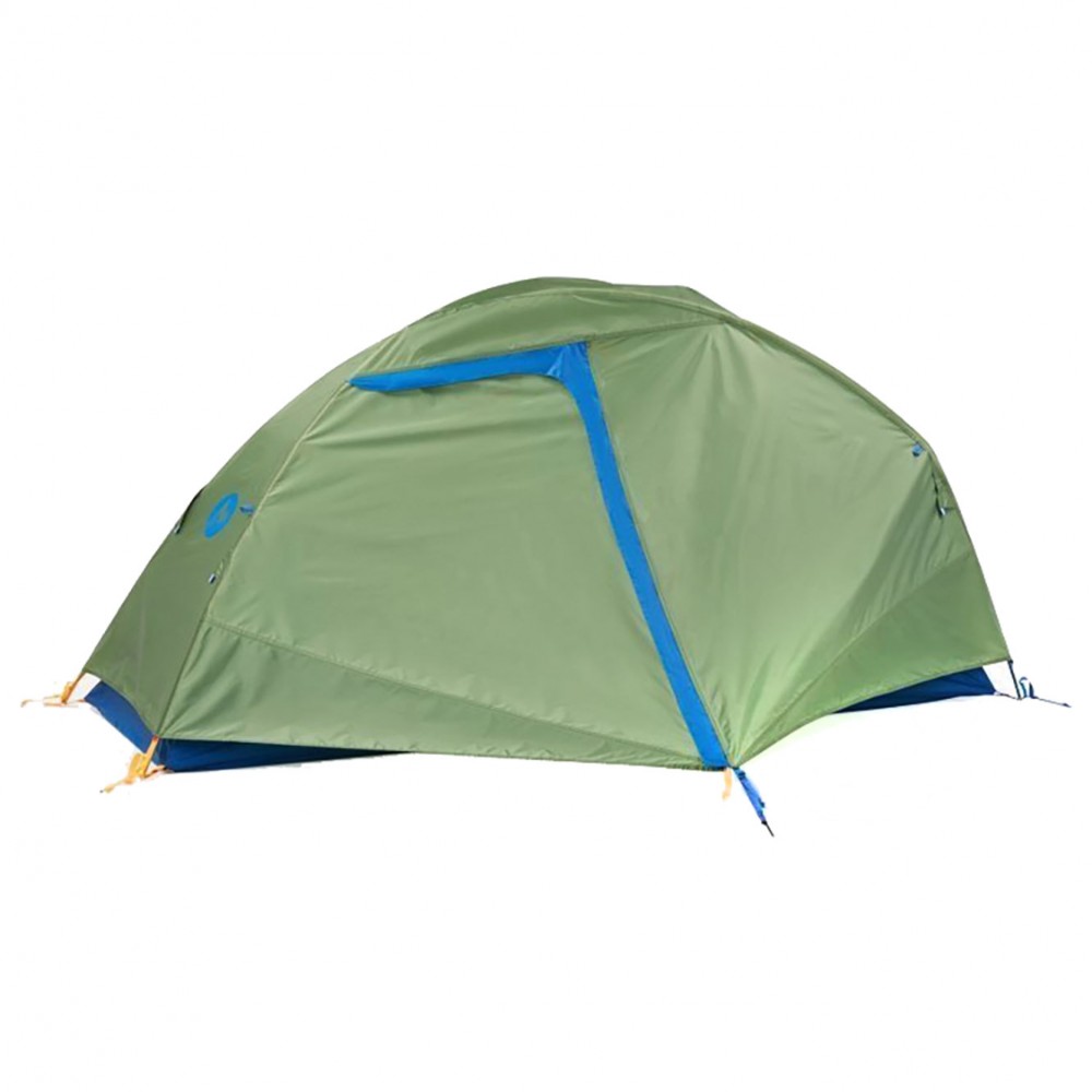 Marmot Tungsten 1-person camping tent in foliage green and dark azure blue featuring waterproof rainfly and vestibule for solo backpacking and hiking adventures