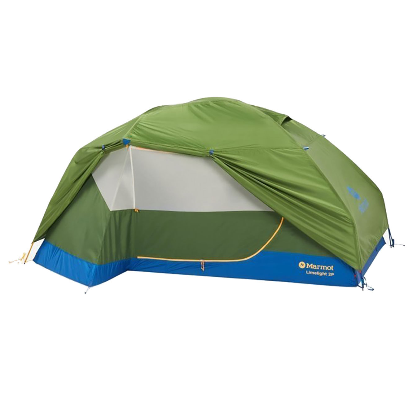 Marmot Limelight 2-person camping tent in foliage green and dark azure blue with waterproof rainfly designed for backpacking camping and outdoor adventures