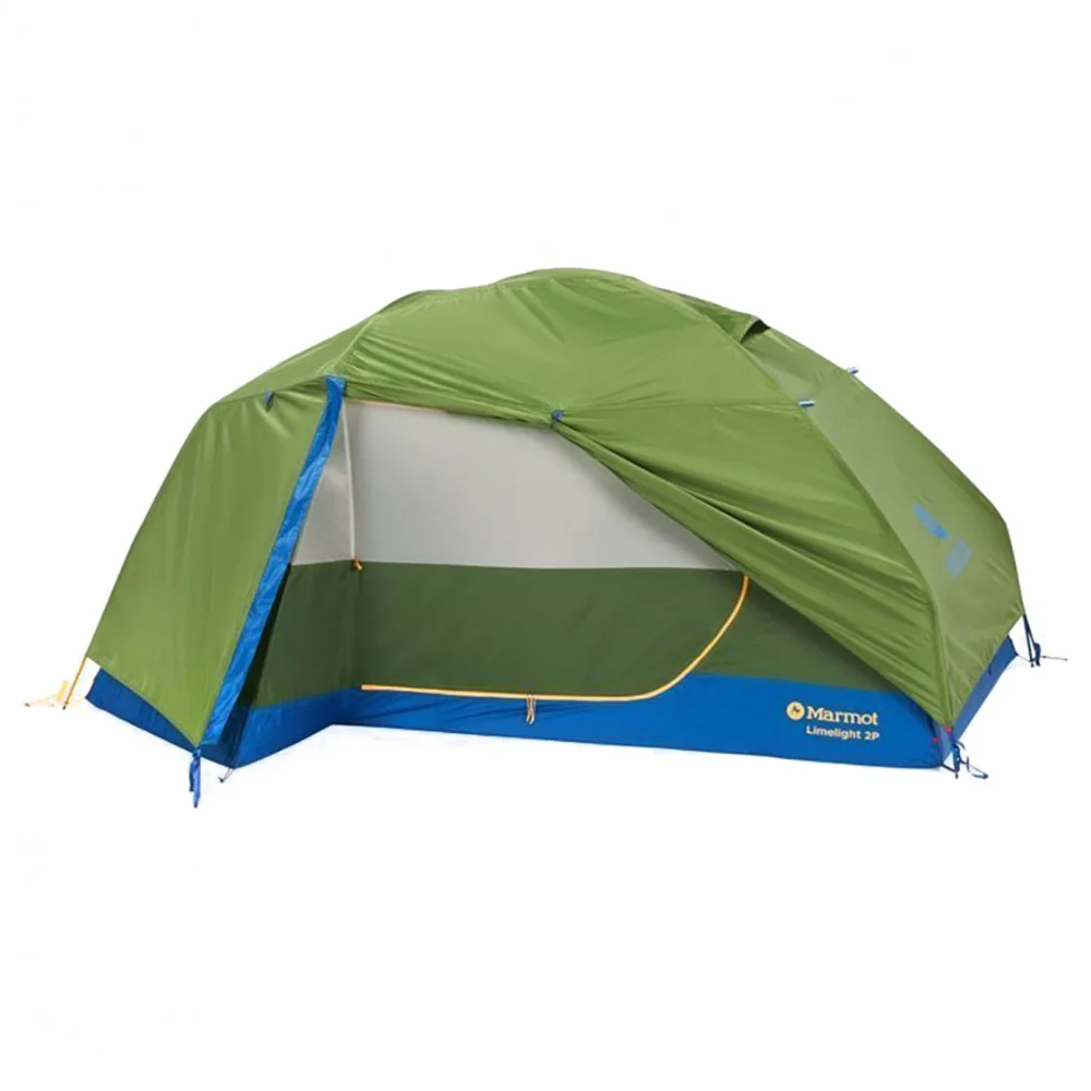 Marmot Limelight 2-person camping tent in foliage green and dark azure blue with waterproof rainfly designed for backpacking camping and outdoor adventures