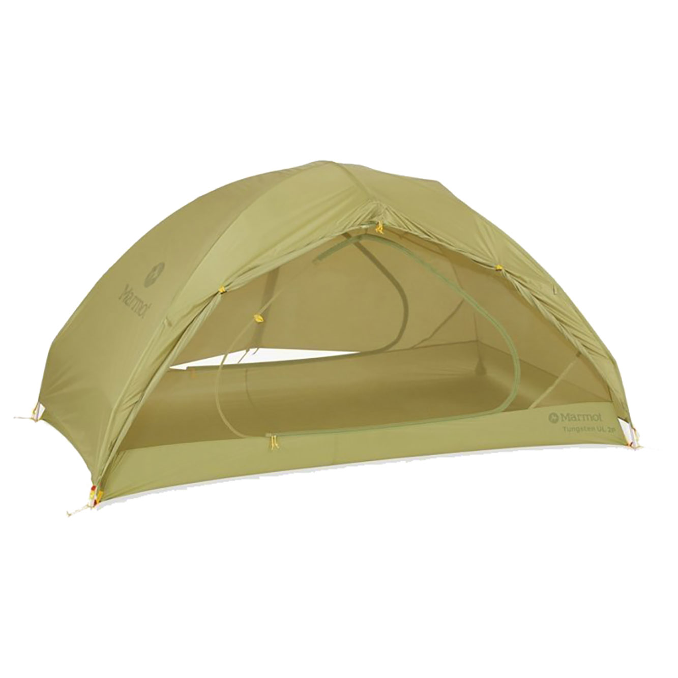 Marmot Tungsten Ultralight 2-person backpacking tent in wasabi green with waterproof rainfly lightweight design and spacious vestibule for hiking and camping