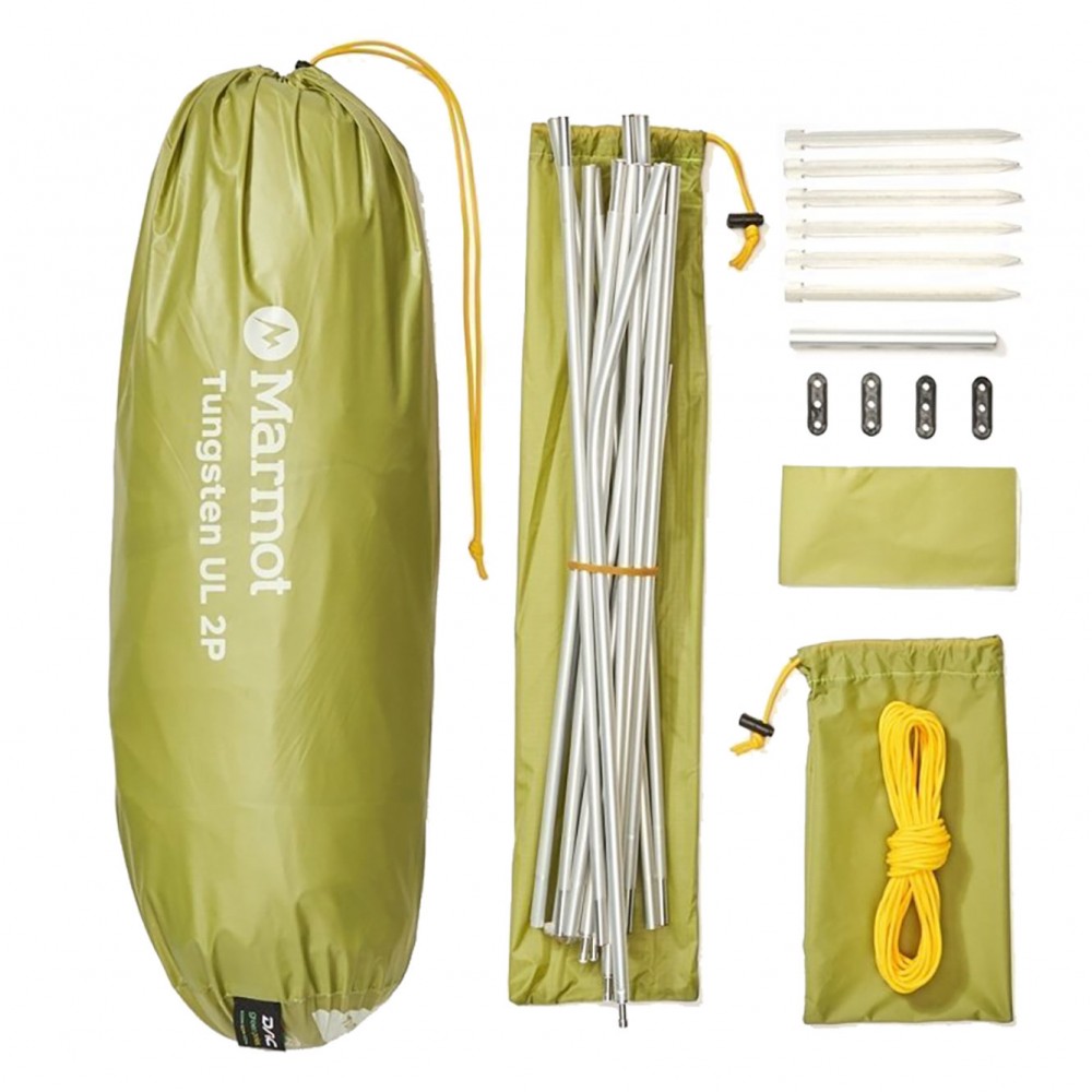 Packed Marmot Tungsten Ultralight 2-person tent with poles stakes guy lines and carry sack for lightweight backpacking and outdoor adventures