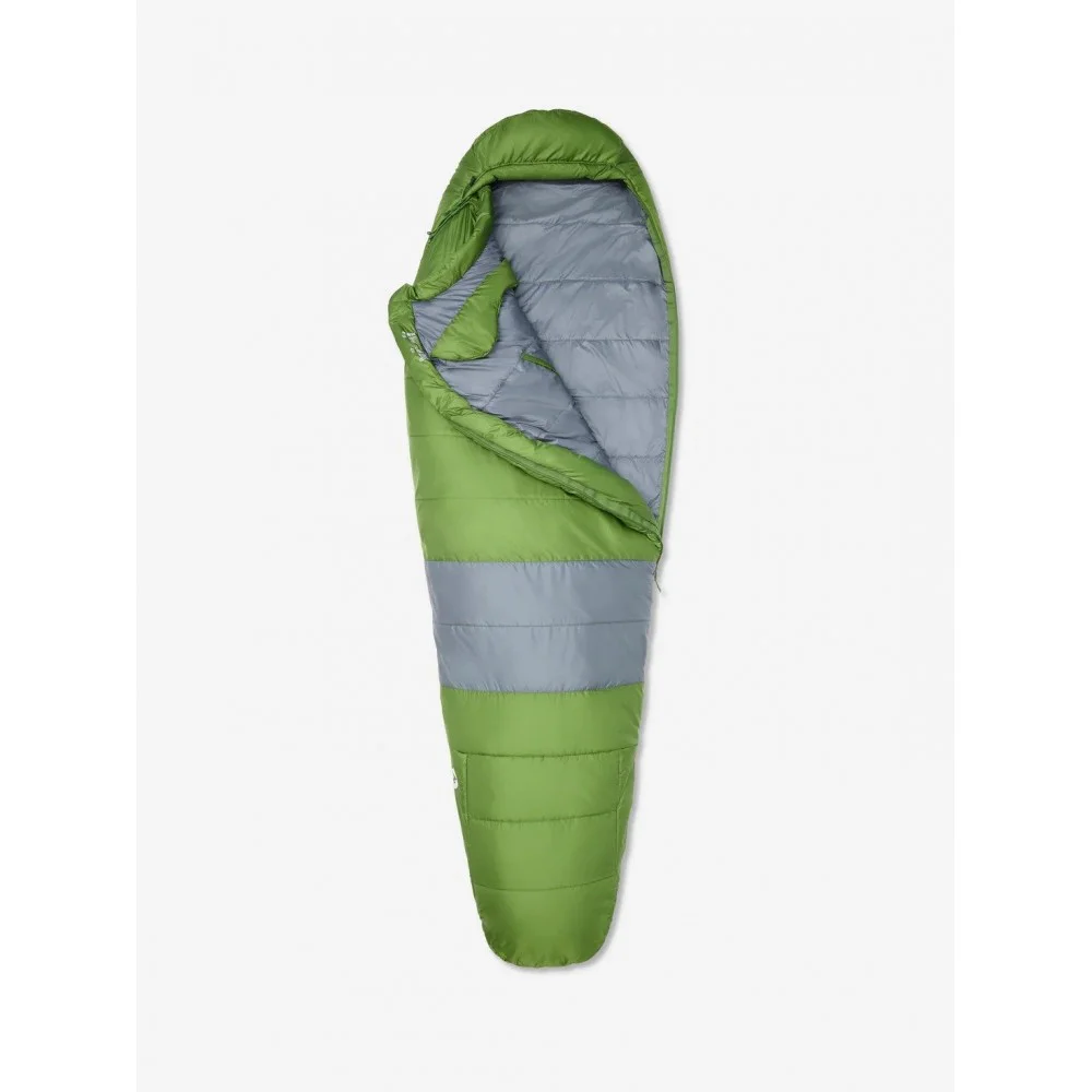 Open Marmot Trestles Elite Eco 30 mummy sleeping bag featuring insulated hood recycled synthetic fill and lightweight cold weather camping construction