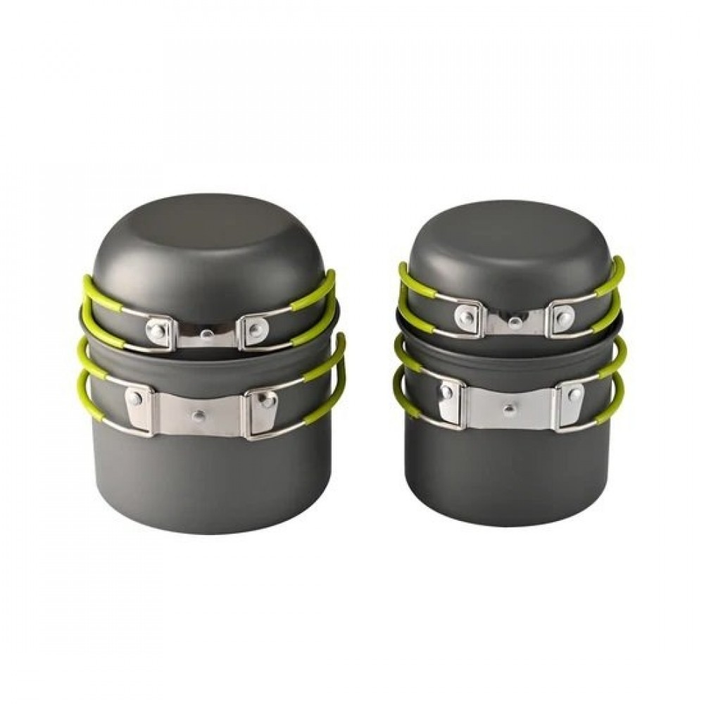 Nested Domex anodised camping billy pots with fold-away handles designed for compact outdoor cooking and space-saving storage