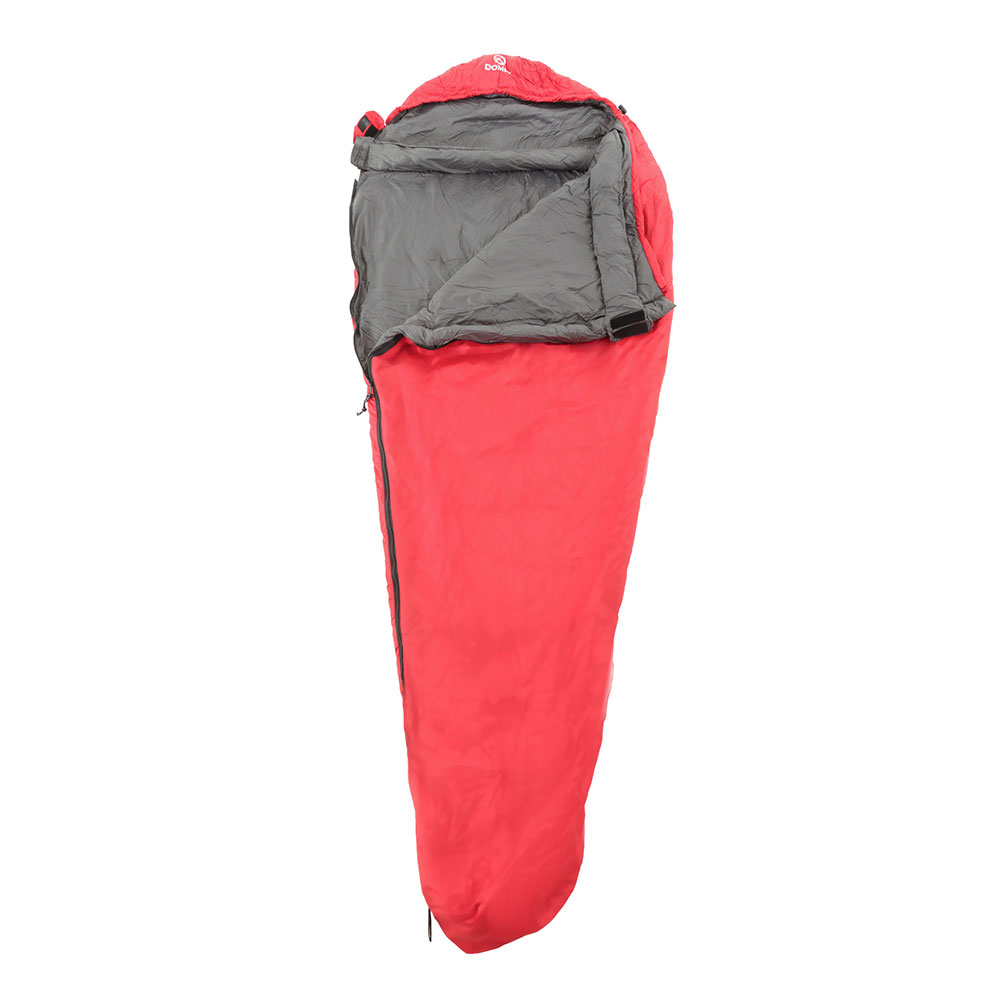 Domex Versalite -6C X-Tall sleeping bag in true red packed into compact compression sack for camping, hiking and outdoor adventures